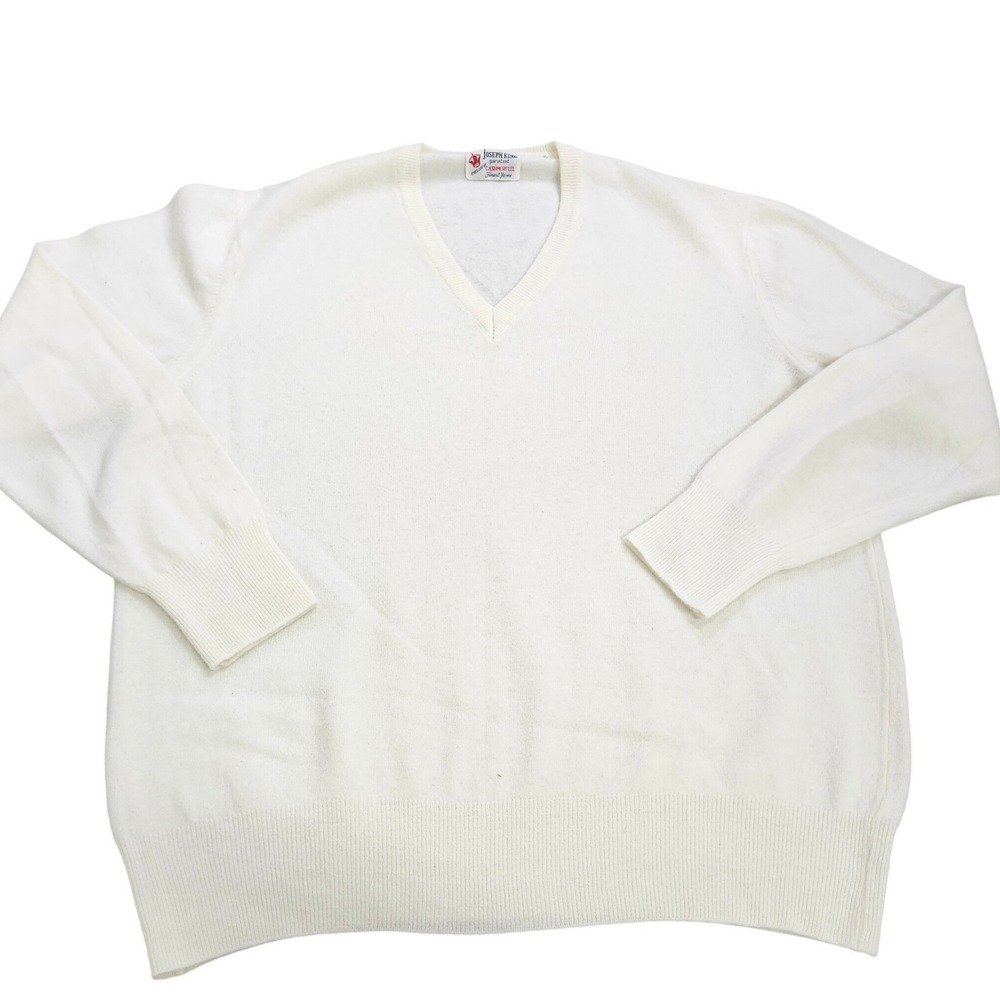 Joseph King White V-Neck Cashmerfeel Sweater Long Sleeve Ribbed Trim Mens XL